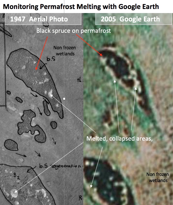the left image shows permafrost in 1947, the right image fom google earth shows the area that has melted